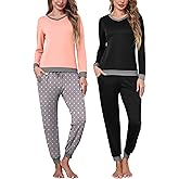 Frcdaunrs Pj Sets for Woman Long Sleeve 2 Piece Pajama Sets Soft Sleep Wear V Neck Loungewear Drawstring Pants With Pockets