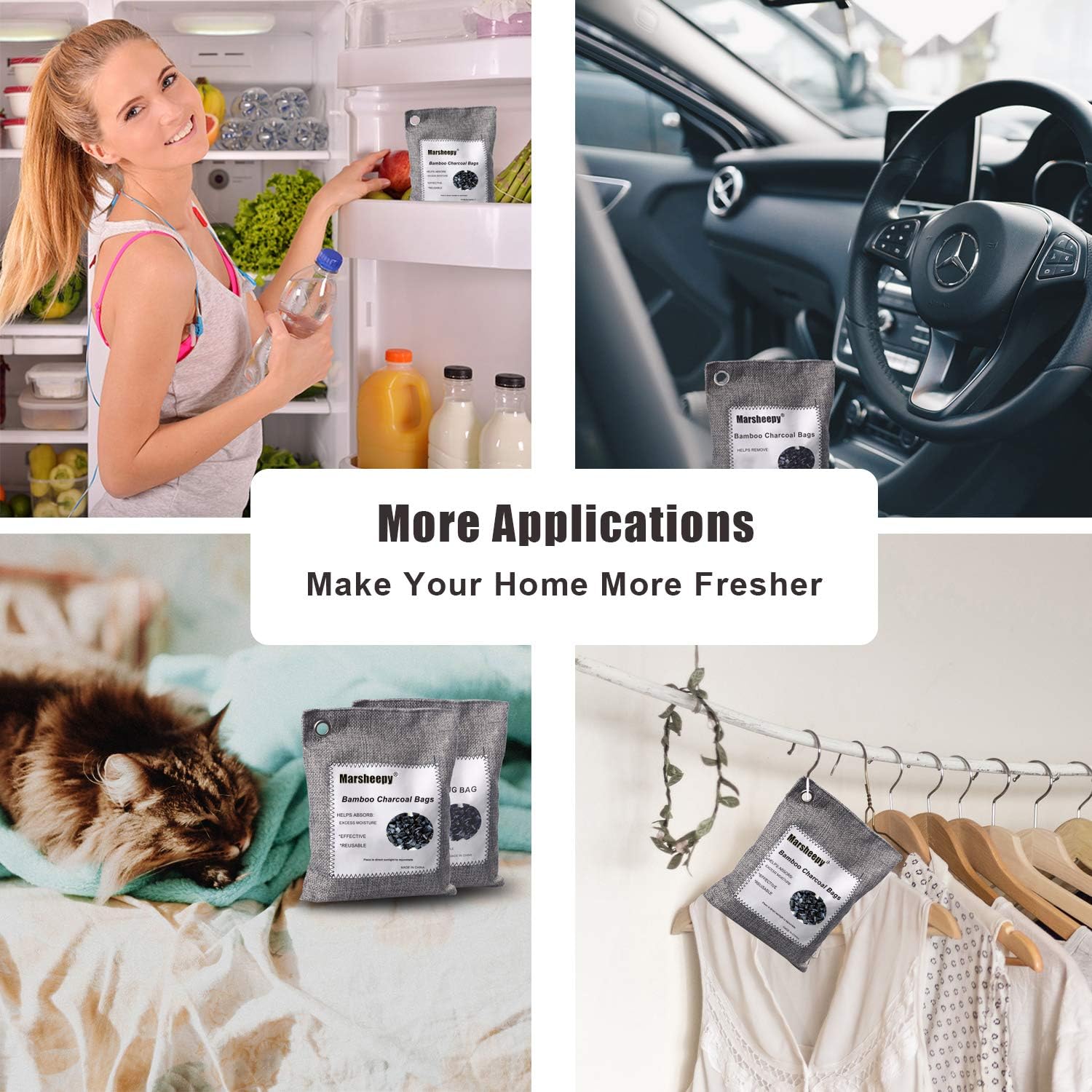 Marsheepy 12 Pack Bamboo Charcoal Shoe Deodorizer Bags, Activated Charcoal Odor Absorber, Bamboo Charcoal Air Purifying Bags, Odor Eliminator for Shoes, Pets, Car, Closet (200g X 2 and 75g x 10): Kitchen & Dining