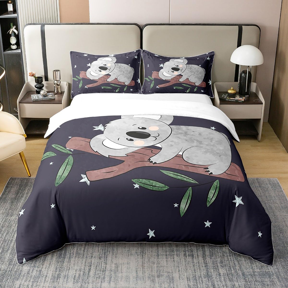 Kids Koala 100% Cotton Duvet Cover Single,Cartoon Koala Pattern Bedding Set for Boys Girls,Tree Branch Green Leaf Glitter Stars Comforter Cover,Cute Jungle Animal Quilt Cover with 1 Pillowcase