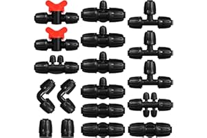 Kepmix 1/2 Inch Drip Irrigation Fittings Kit: 18 Pieces Drip Locked Nut Connectors for 1/2" Drip Irrigation Tubing (1/2" ID x0.6-0.65" OD) Couplings Tees Elbows Plugs Valves Reducing Tees