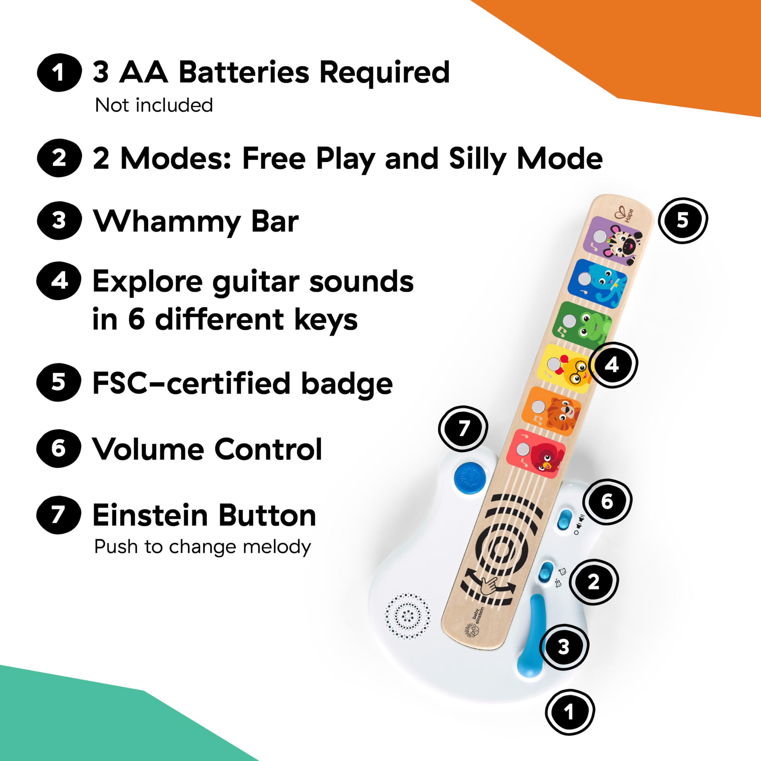 Baby Einstein Strum Along Songs Magic Touch Wooden Toy Guitar with Whammy Bar, Montessori Musical Learning Toy with Lights, 12mo+