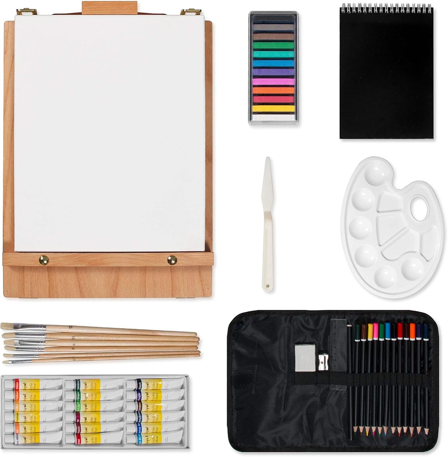 Kuyal Wood Box Easel Artists Painting Set including 18 Acrylic Oil Paint Colors, 12 Color Pencil, 6 Artist Brushes - Image 3