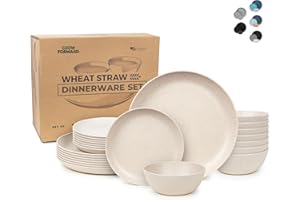 Grow Forward 24-piece Premium Wheat Straw Dinnerware Sets for 8 - Dinner Plates, Dessert Plates, Cereal Bowls - Unbreakable Microwave Safe Plastic Plates and Bowls Sets, RV, Kitchen Dishes - Sahara