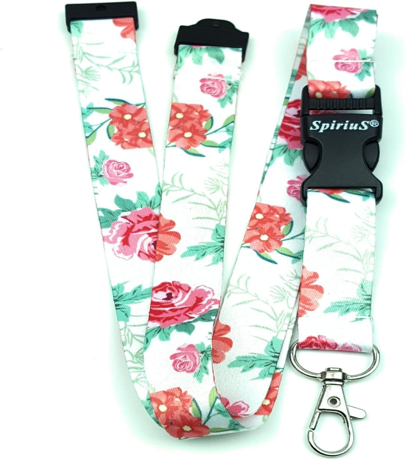 SpiriuS Floral Breakaway lanyard Neck Strap Lanyard with safety clip detachable Metal Clip for Card Holder, ID Badge Holder, Key Holder (Flowers in White)