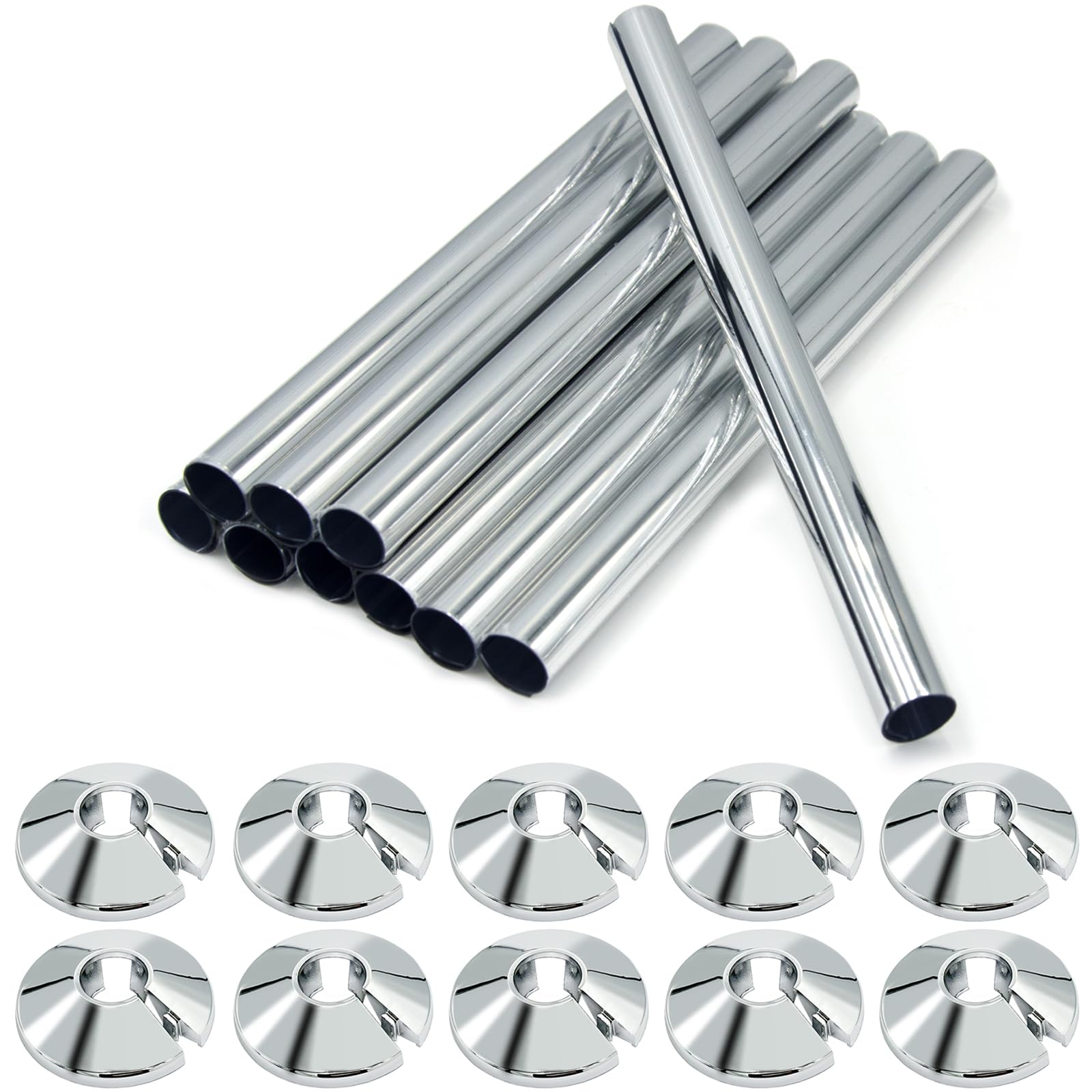 10 PCS Radiator Pipe Covers and Collars, 15mm x 200mm and 16mm Chrome Coverings for Radiator Pipe (Silver)