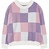 Girls' Fall Sweaters Color Block Crewneck Long Sleeve Drop Shoulder Knit Pullover Tops for Kids Size 5-14Y