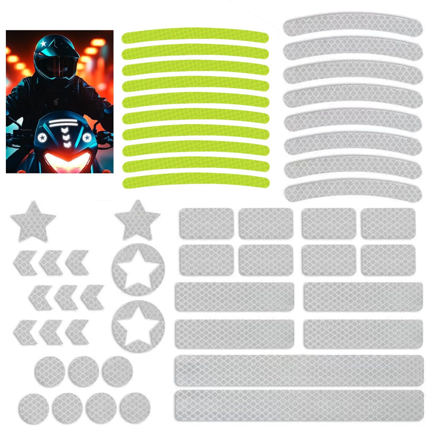 GWAWG 62Pcs Reflective Stickers Safety Warning Soft Night Visibility Multi Shapes Stickers Kit for Cars, Vehicle, Bicycles, Motorcycles, Helmet, Bags, Clothing