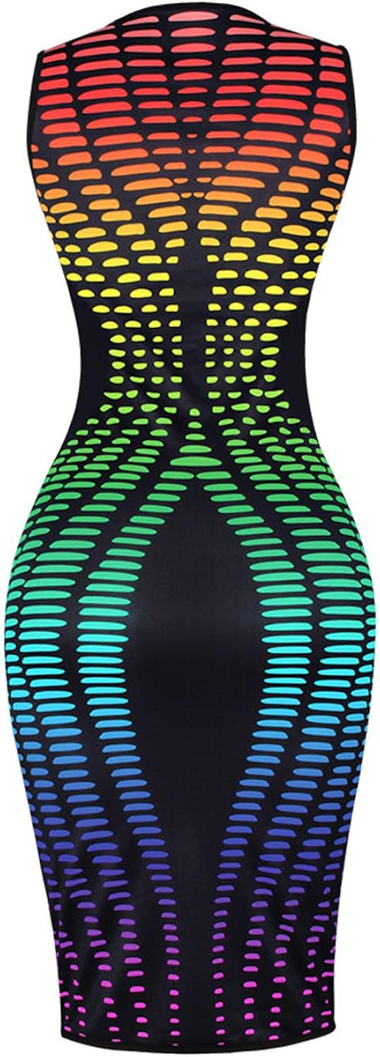 Vivilover Women's Sexy V-Neck Party Dresses Sleeveless Stripe Print Bodycon Midi Club Dress: Clothing
