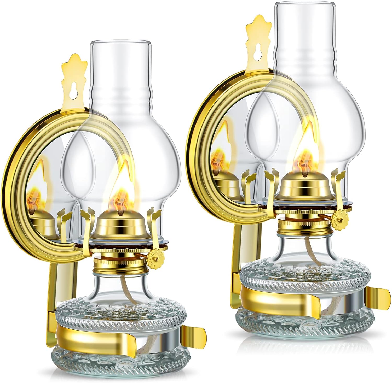 Oil Lamps & Accessories - Yexiya Large Kerosene Lamp Lantern Large Chamber Oil Lamp Wall Mounted Kerosene Lamp Vintage Glass Clear Kerosene Lamp Rustic Oil Lamp with Oil Wick for Indoor Use Home Decor Lighting (Gold, 2 Pcs)