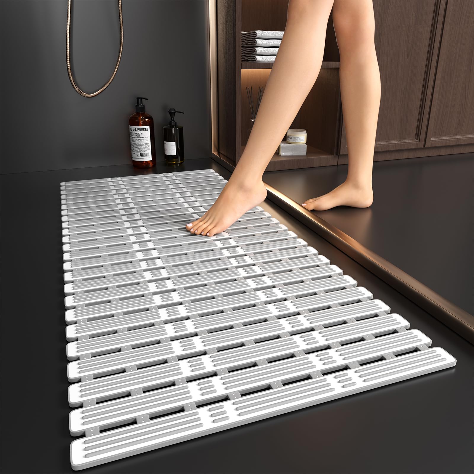 Photo 1 of XIYUNTE Shower Mat Non Slip Bath Mat for Tub - 36 x 16 Inch Bathtub Mat Non Slip Shower Mat for Inside Shower, TPE Bath Mat with Powerful Suction Cup and Drain Holes, Easy to Cut, Grey