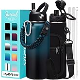 32oz/40oz/64oz Insulated Water Bottles - with Straw & Flip Auto Lid, Stainless Steel Water Bottle Shoulder Carrier Bag, Silicone Boot, BPA-Free Metal Water Bottle with Handle Paracord