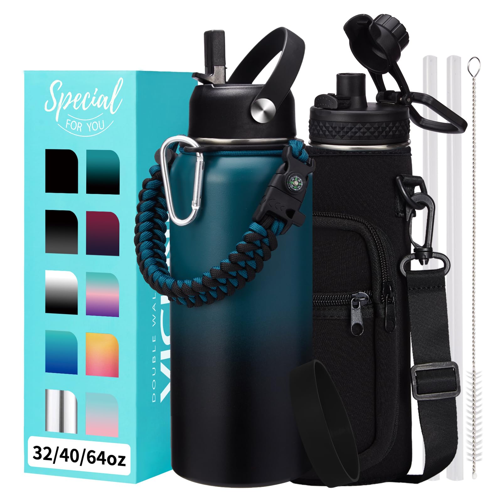 Photo 1 of 32oz/40oz/64oz Insulated Water Bottles - with Straw & Flip Auto Lid, Stainless Steel Water Bottle Shoulder Carrier Bag, Silicone Boot, BPA-Free Metal Water Bottle with Handle Paracord