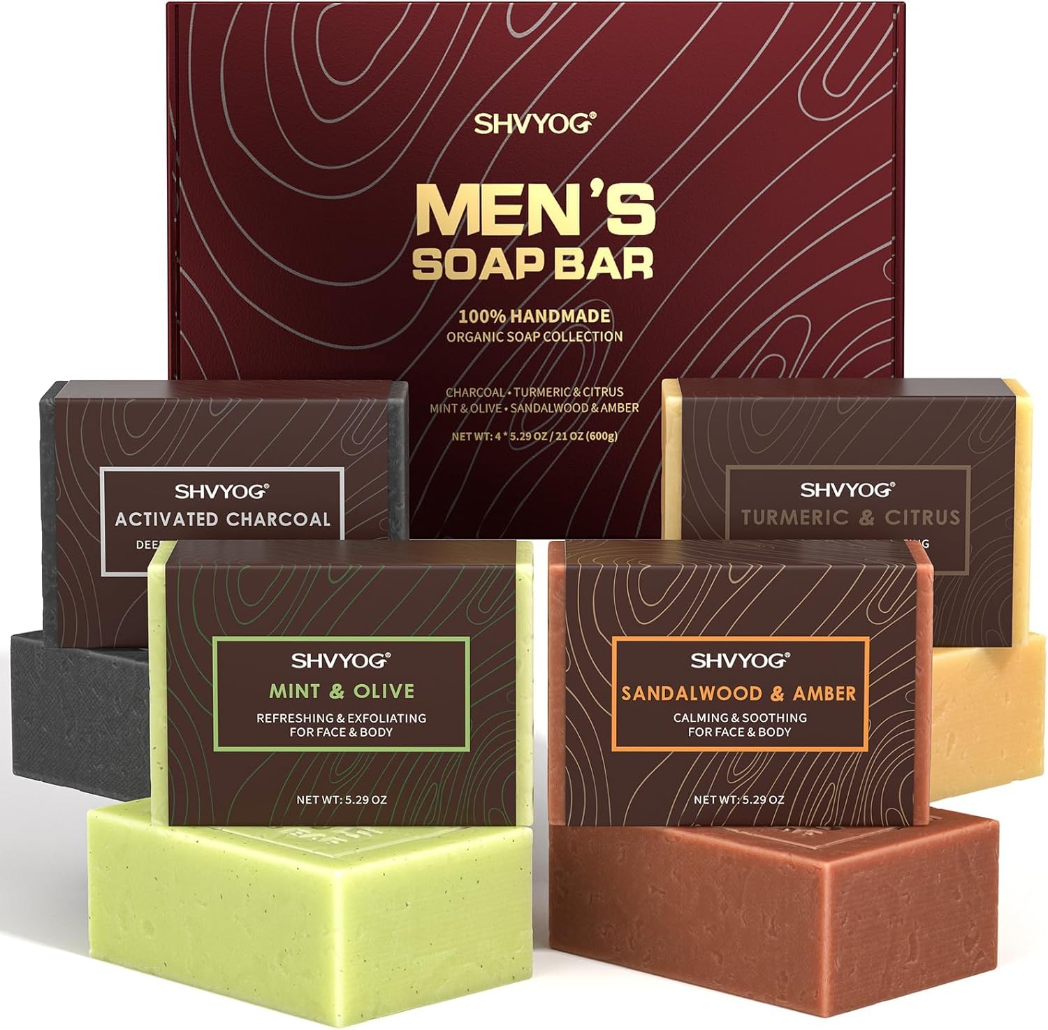 4 Pcs Natural Men`s Soap, SHVYOG Men`s Bar Soap, Handmade Exfoliating, Deep Cleansing, Refreshing, Moisturizing Bar for Body & Face - Sandalwood Amber, Mint, Charcoal, Turmeric, 600g