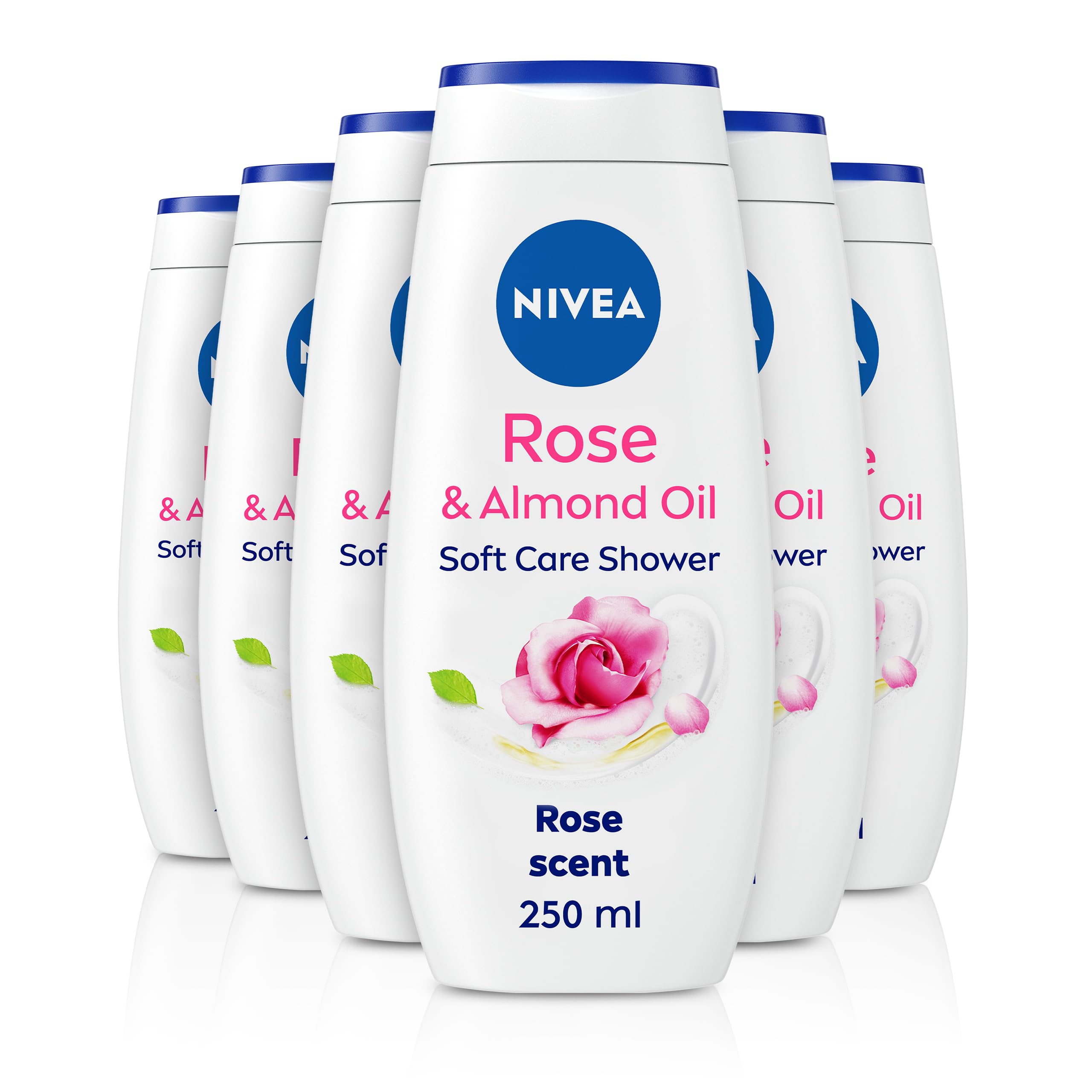 NIVEA Rose & Almond Oil Shower Cream (6 x 250ml), Moisturising Shower Gel with Almond Oil, Luxurious Body Wash for Women, Body Wash with Vitamin C, E, Pack of 6