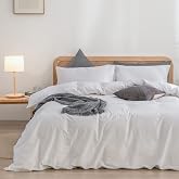 BESTOUCH Cotton Solid Duvet Cover Set Linen Feel Bright White King | 100% Washed Cotton, Soft Wrinkle Texture, Hidden Zipper,