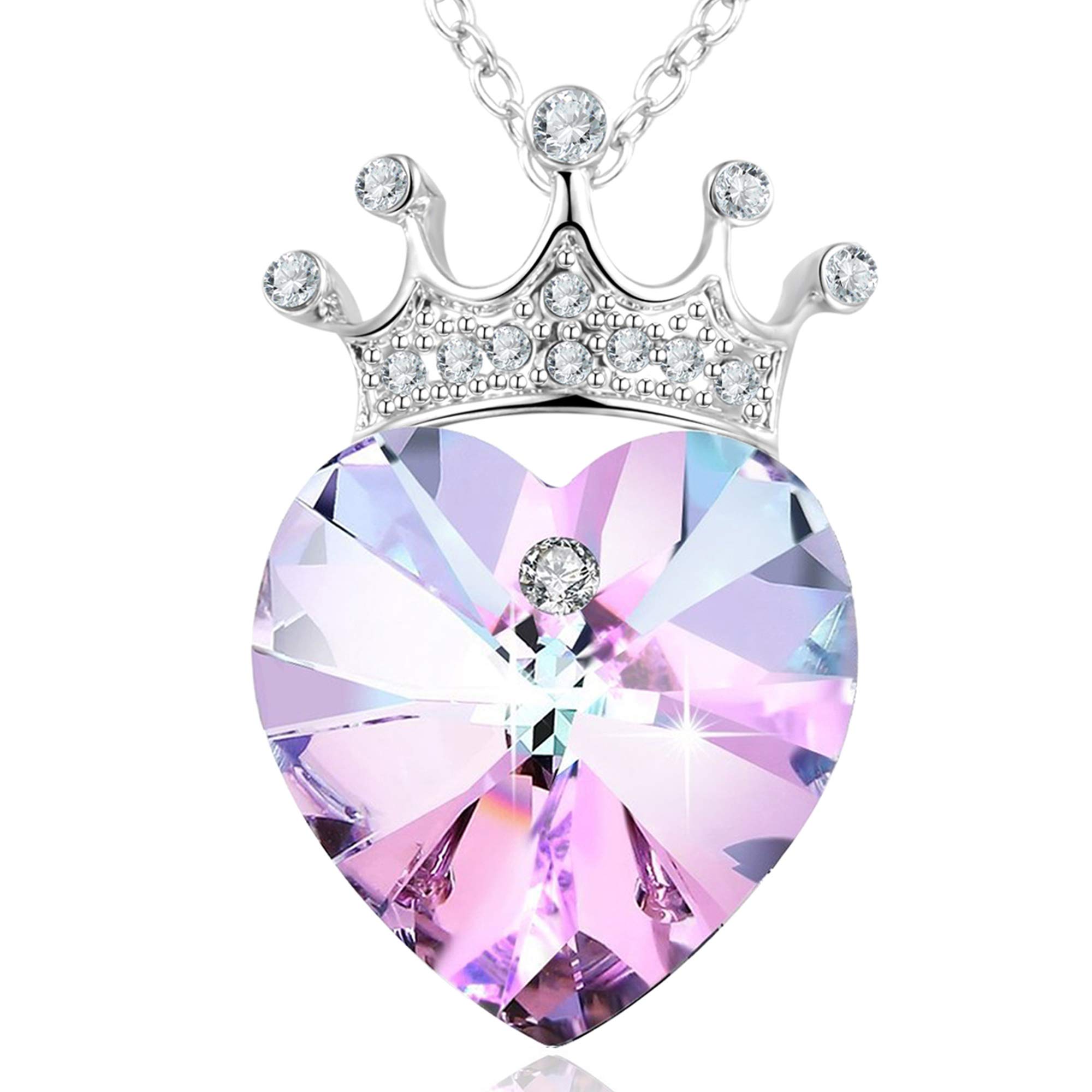 Angelady Love Queen Crown Purple Love Heart Pendant Necklace Chain with Amethyst for Women Girls, Gift for Mother Mom Wife Girlfriend, Crystal from Swarovski