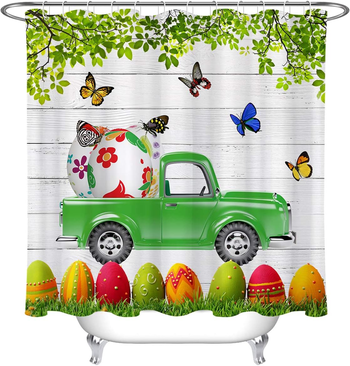 Home Garden Green Truck Easter Egg Butterfly Fabric Shower Curtain Set Bathroom Decor Hooks Shower Curtains