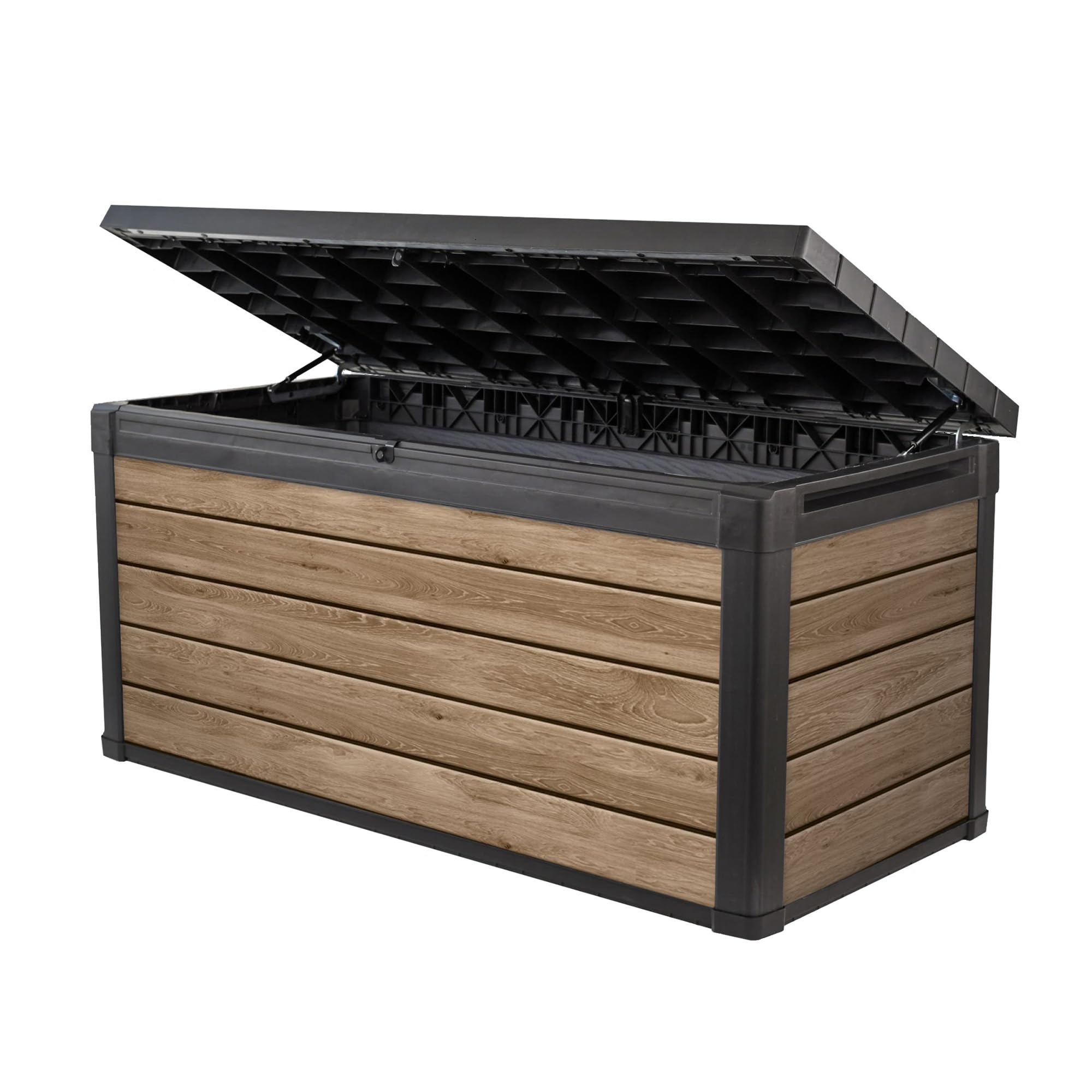 Photo 1 of Keter Signature Collection 150 Gallon Resin Deck Box Organization and Storage Box for Patio Outdoor Cushions, Throw Pillows, Garden Tools and Pool Supplies, Ashwood