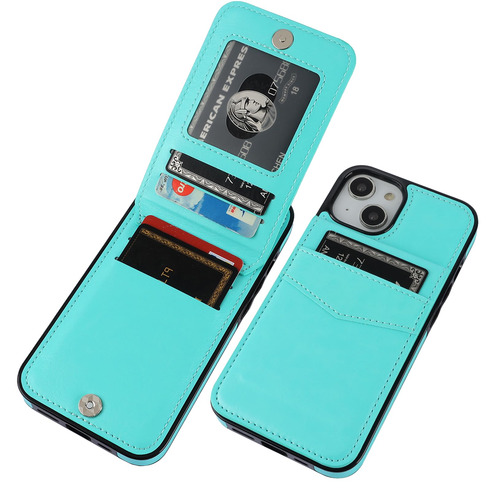 KIHUWEY Compatible with iPhone 14 Case Wallet with Credit Card Holder, Flip Premium Leather Magnetic Clasp Kickstand Heavy Duty Protective Cover for iPhone 14 6.1 Inch (Light Blue)