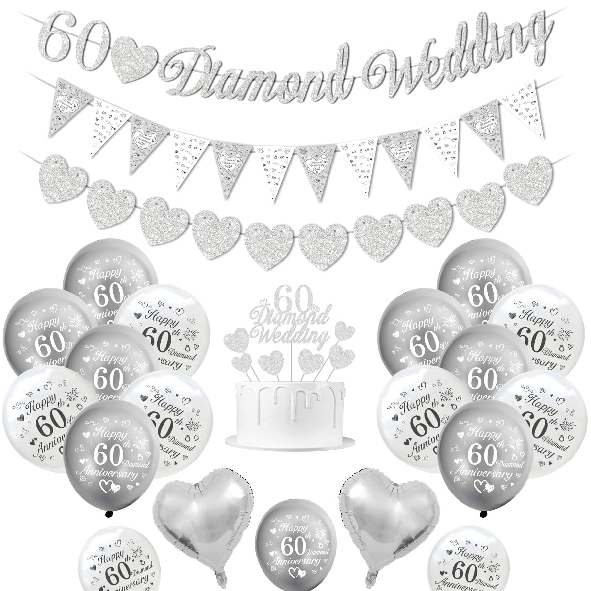 Diamond Wedding Decorations, 60th Wedding Anniversary Decorations Happy 60th Anniversary Balloons Silver White Balloons Heart Balloon Banner Cake Topper — image 1