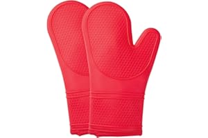 COOK WITH COLOR Silicone Oven Mitts- Heat Resistant Gloves with Soft Quilted Lining Set of 2 Oven Mitt Pot Holders for Cooking and BBQ (Red)