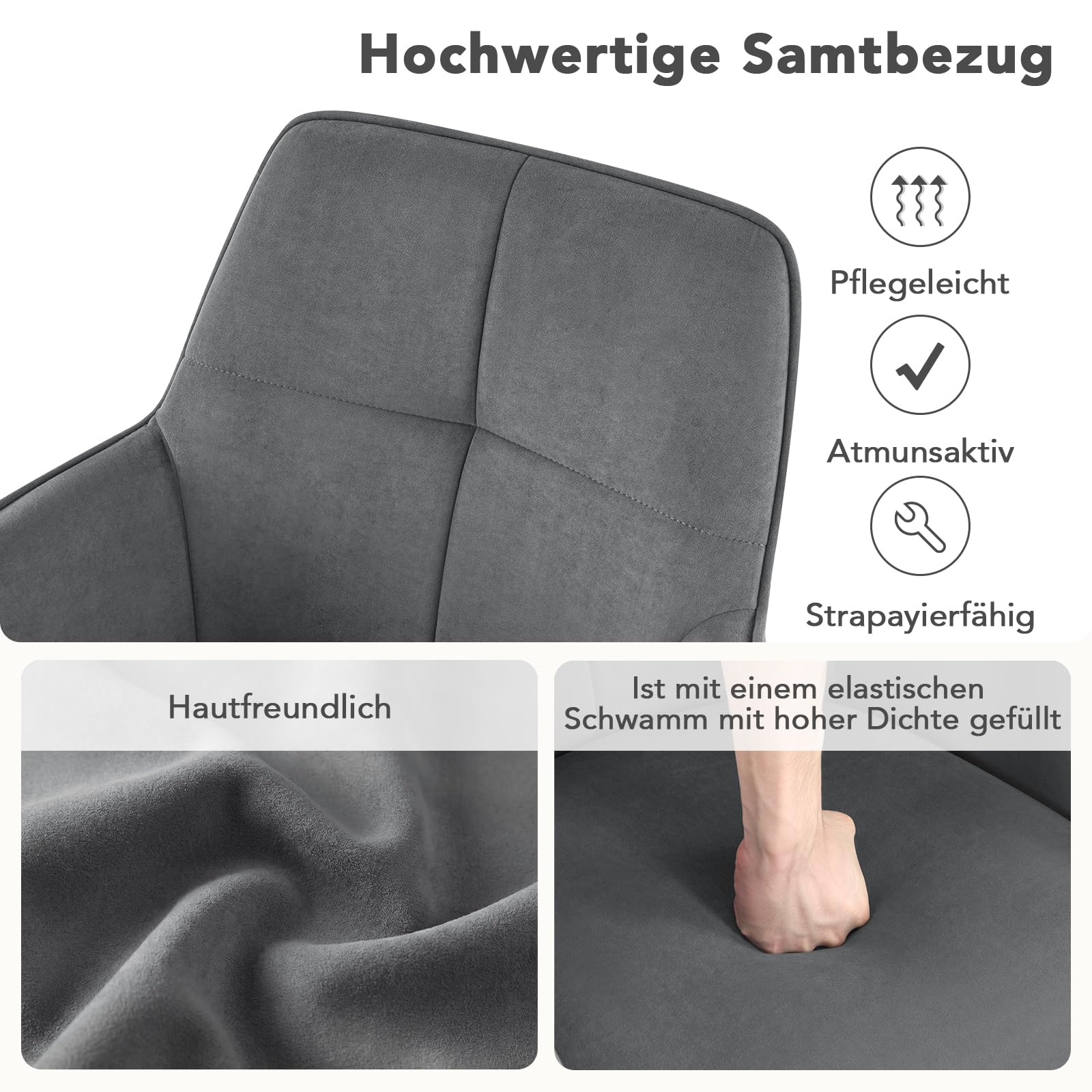 Ckaff Esszimmerstühle Drehbar 6er Set mit Armlehne, 360°Drehbar Polsterstuhl Samt Modern Drehstuhl Küchenstuhl mit Metallgestell und Rückenlehne für Esszimmer, Wohnzimmer, Büro, Dunkelgrau 6