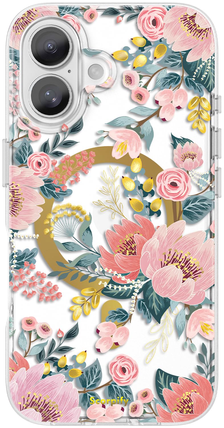 SCORPIFY for iPhone 16 Case [Compatible with MagSafe] with Pink Epiphyllum Floral Design, Cute Clear Flower Magnetic Phone Cover for Women Girls, Slim Bumper with Gold Accents
