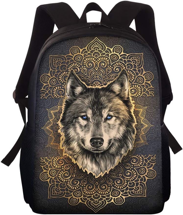 FUSURIRE 15 inch Gold Wolf Print Backpack Schoolbag for
