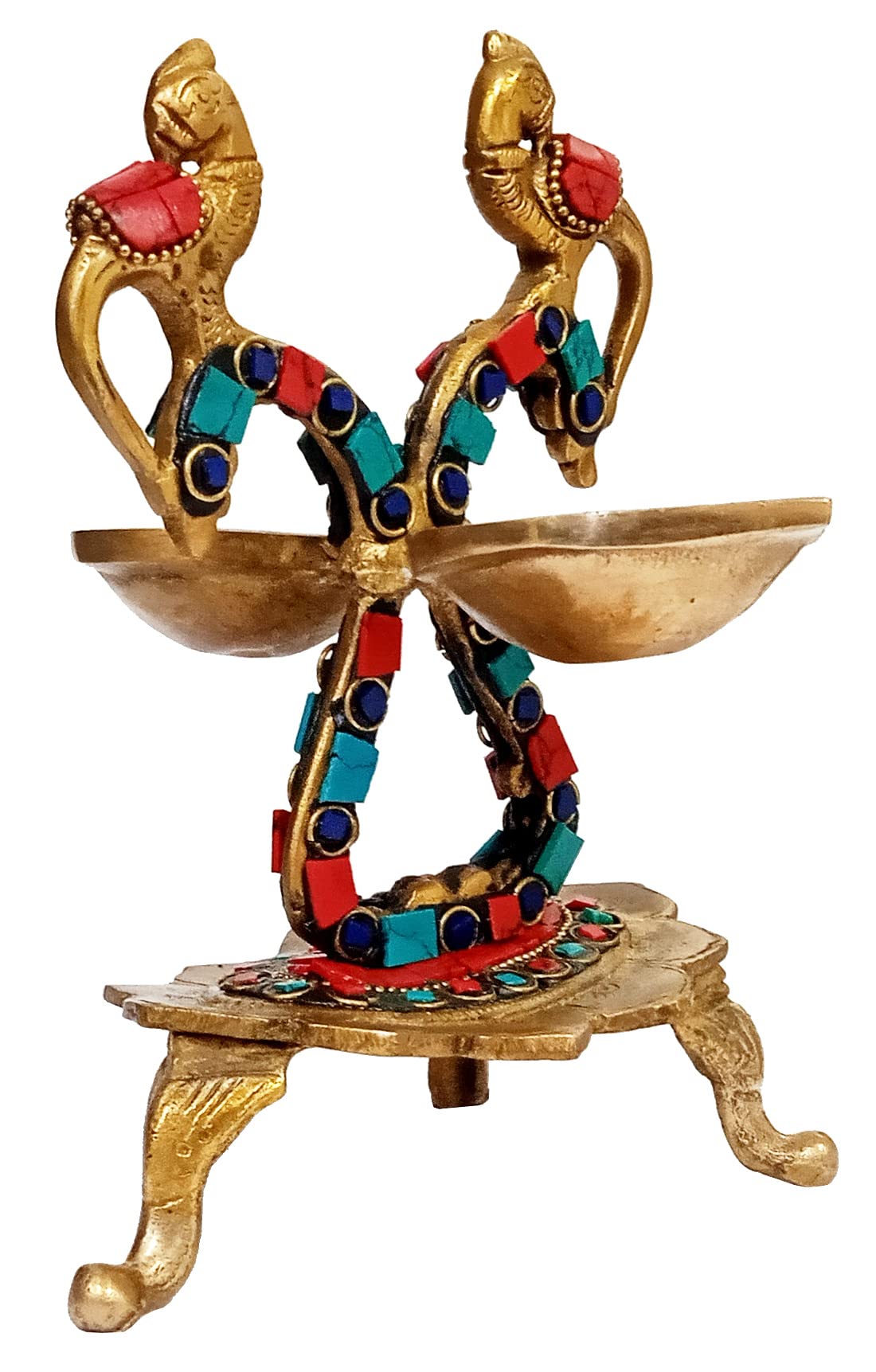 Purpledip Brass Kuthu Vilakku Inauguration Oil Lamp With Magnificent Stonework: Peacock Design Lamp With 2 Diyas (12651)