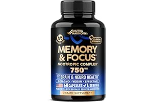 NUTRAHARMONY Brain Supplement for Memory & Focus 750 mg - Magnesium | L-Theanine | Bacopa Monnieri | Ginkgo Biloba | Lions Mane - 12in1 Nootropic Complex for Neuro Health - Caffeine-free - Made in USA, 60 Capsules