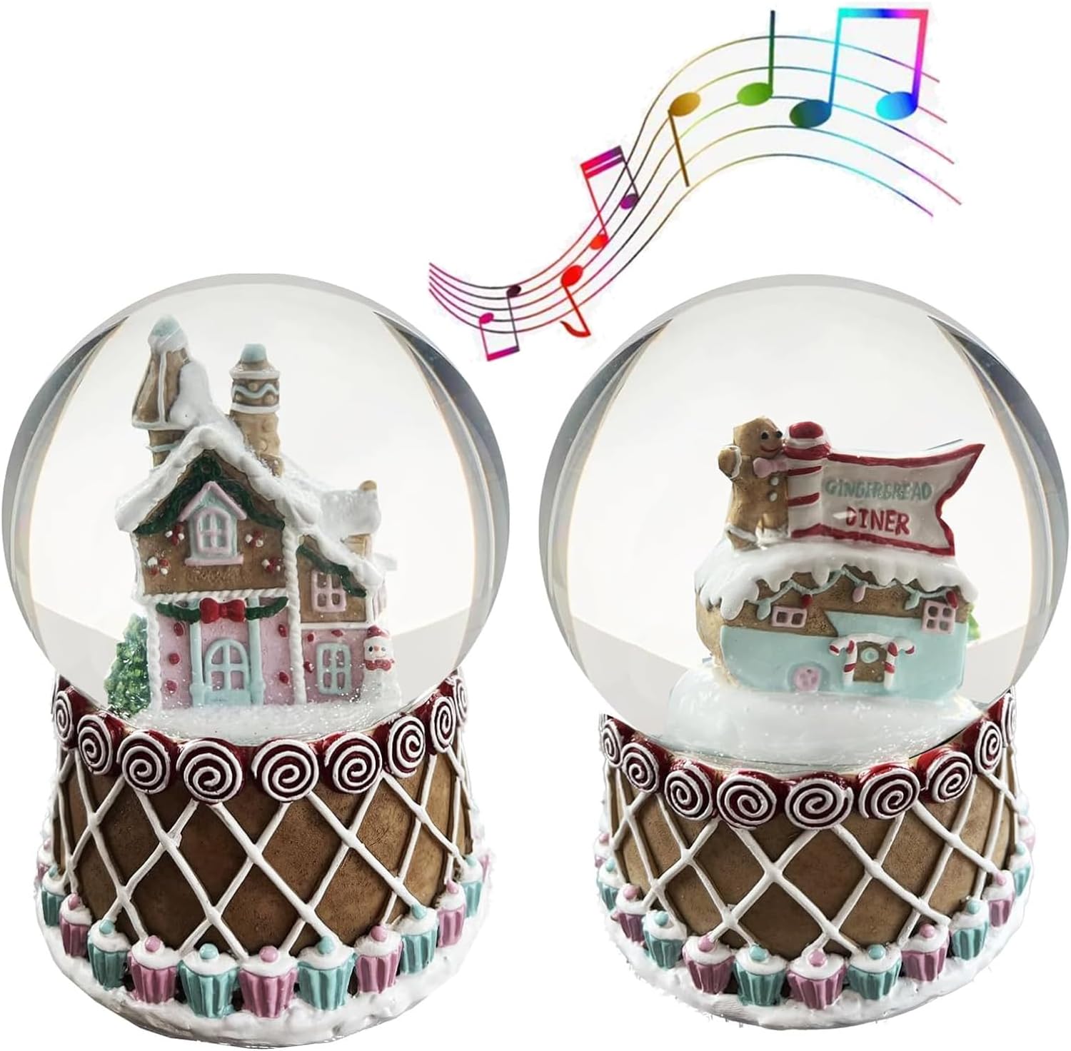 Snow Globes - Aobaks S/2 Christmas Snow Globe, 100mm Water Globe, Musical Candy Cottage and Gingerbread Man Snow Globe Gift for Kids, Crystal Water Globe Decoration, Snowglobes.