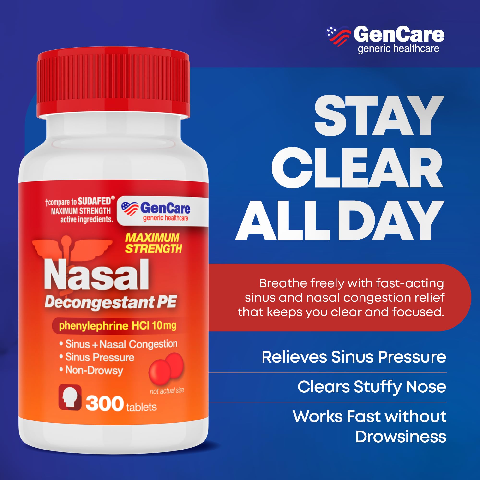 GenCare - Nasal Decongestant (10mg Tablets) Phenylephrine HCl (300 Tablets Per Bottle) | Value Pack Non Drowsy Sinus and Nasal Congestion Relief | Lower Sinus Pressure Due to Allergies or Illness