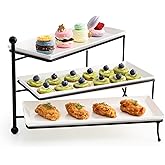 Sweese 3 Tiered Serving Stand, Foldable Rectangular Food Display Stand with White Porcelain Platters - Serving Trays, Dessert Display Server for Brithday Party, Valentine's Day and Events