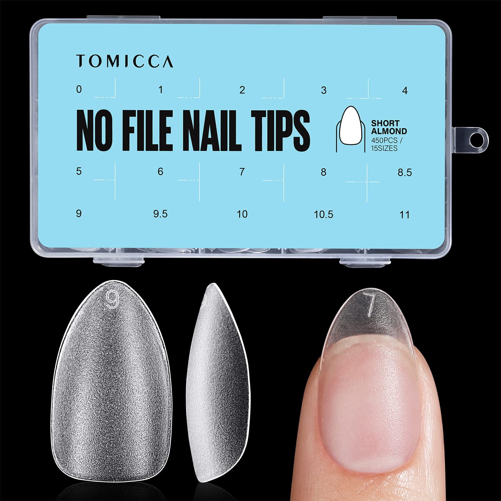 TOMICCA 450Pcs Short Almond Nail Tips - No-File Matte Soft Gel Full Cover | Soak Off Resin Extensions, 15 Sizes Salon & Home DIY Kit with Storage Box — image 1