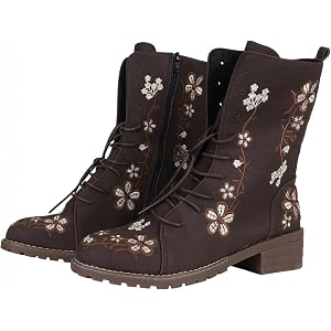 GHTYDD Women's Vintage Embroidered Ankle Booties Boho Lace Up Mid Calf Boots with Chunky Heel Retro Fall Winter Floral Lace U