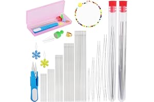 FADOUB 65 PCS Beading Needles,10 Pcs Big Eye Beading Needles,5 Size of Long Straight Beading Thread Needles, Embroidery Needles with Needle Bottle, Scissors, Needle Threaders for Jewelry Making