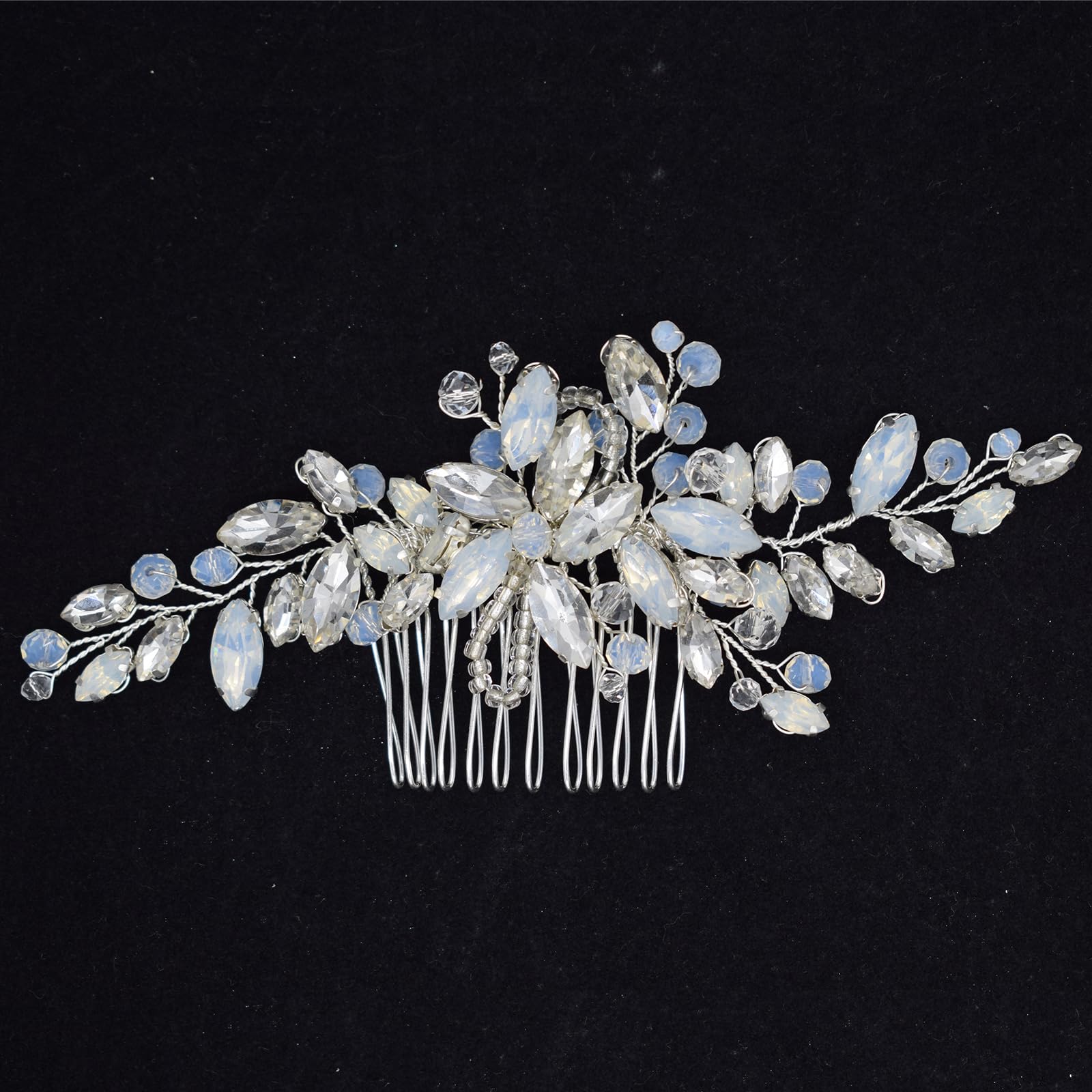 Wedding Hair Accessories, Fanvoes Hair Pieces Comb for Brides Bridal Silver Vintage Headpiece Comb Clip Barrette Jewelry Handmade Flower Rhinestone Light Blue Opal Crystal for Women Bridesmaid