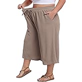 LIGHTBACK Women's Plus Size Wide Leg Capri Pants Loose Lounge Cropped Culottes Summer Casual Palazzo Pants with Pockets