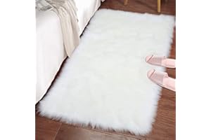 LOCHAS Soft Fluffy White Faux Fur Rugs for Bedroom Bedside Rug 2x3 Feet, Washable, Furry Sheepskin Area Rug for Living Room G