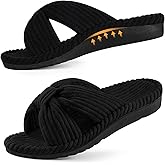 Litfun Women's Orthopedic Slippers with Arch Support Cross Bow Indoor Slippers Corduroy Bedroom Shoes, Dark Black 39