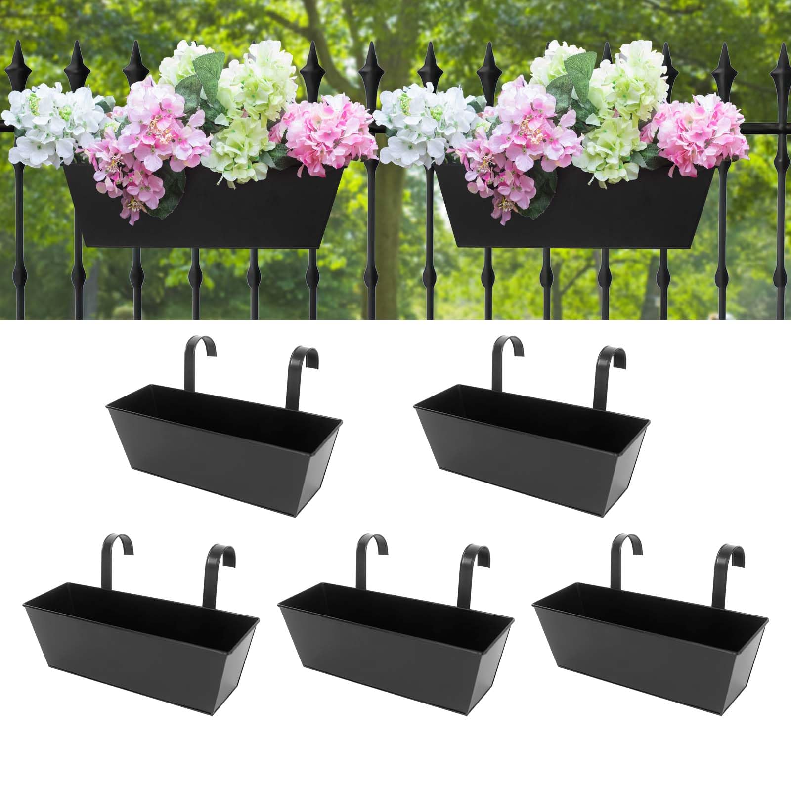 Photo 1 of Holensun Railing Planters Outdoor Balcony 16 Inch Deck Over The Railing Planter Boxes Hanging Planters for Fence Flower 5 Pcs (Black)