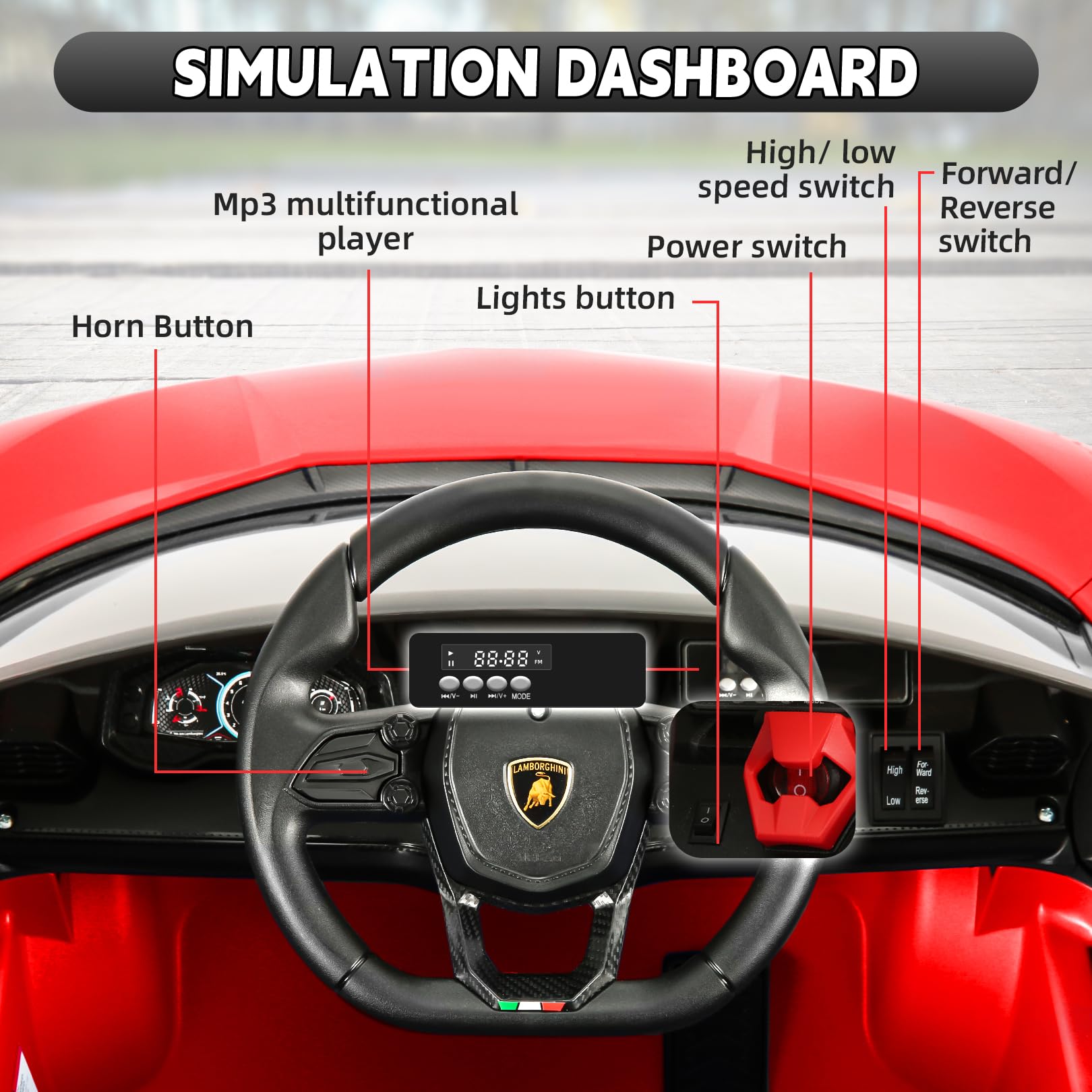 Hikole 12V Ride on Toys car for Kids, with Parental Control, Electric Sports Cars, Lamborghini Toy Car for Kids to Drive, Driving/Reverse, Liftable Scissor Doors, LED Lights, Music, Red