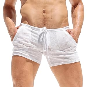 Men's See Through Shorts Translucent Breathable Sheer Lounge Underwear Drawstring Elastic Waist Compression Tight Shorts