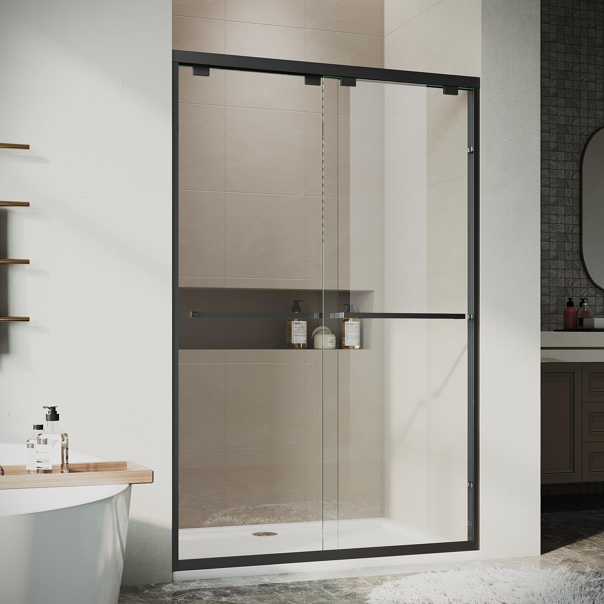 Photo 1 of ** SIMILAR ***  H Glass Shower Door, UCALAFEE Sliding Shower Door with Clear Tempered Glass, Bathroom Doors for Walk in Shower Silent Soft-Close Design, Matte Black