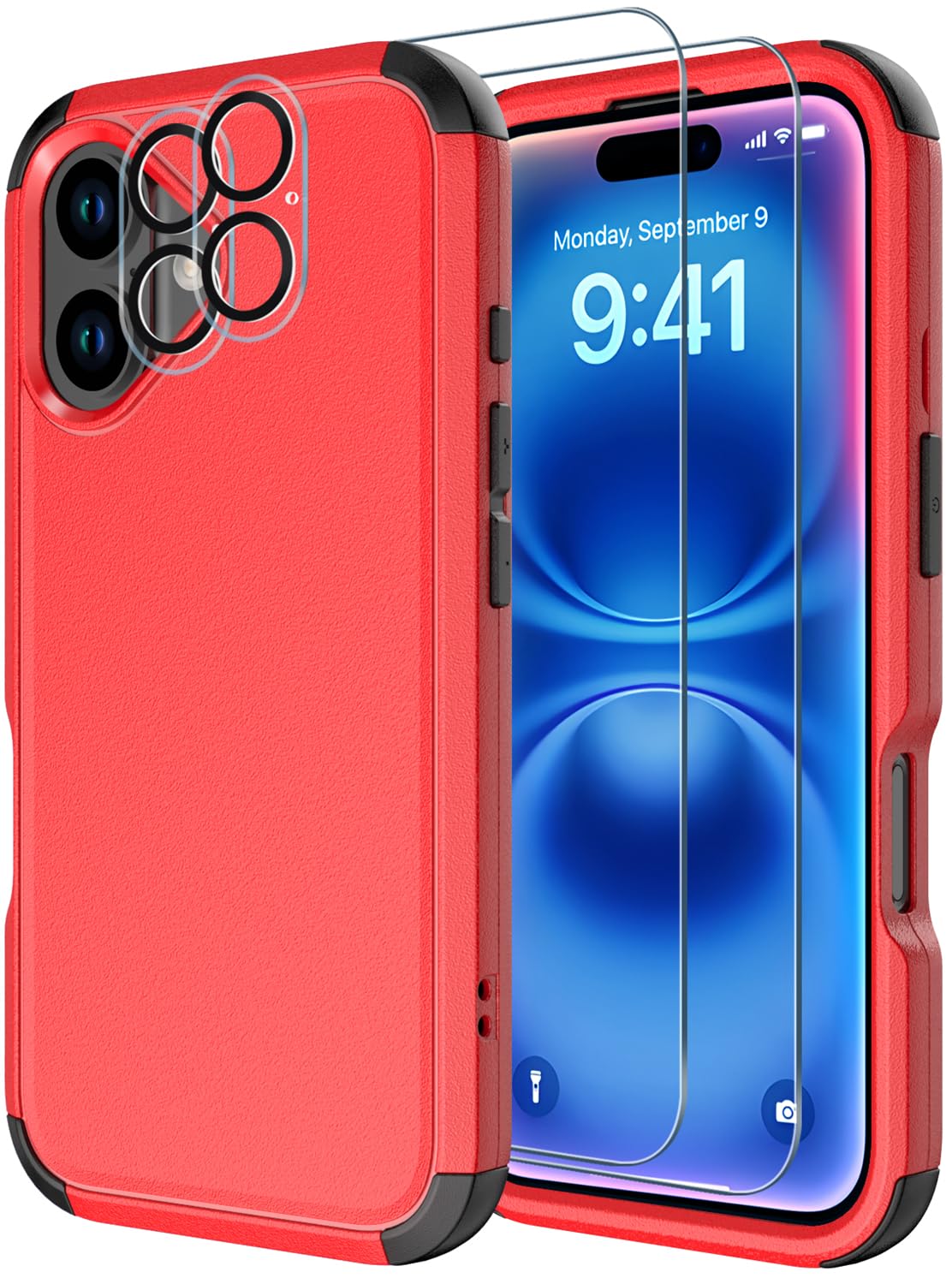 Diverbox for iPhone 16 Case [Shockproof] [Dropproof] [Tempered Glass Screen Protector + Camera Protectors] Heavy Duty Protection Phone Case Cover for Apple iPhone 16 (Red)