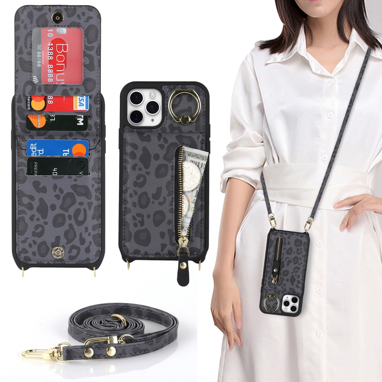 Zouzt for iPhone 11 Pro Case with Cord and Card Holde, Zipper Wallet Case with Crossbody Lanyard Ring Adjustable Necklace Protective Cover Women for iPhone 11 Pro 5.8 Inch - Black Leopard