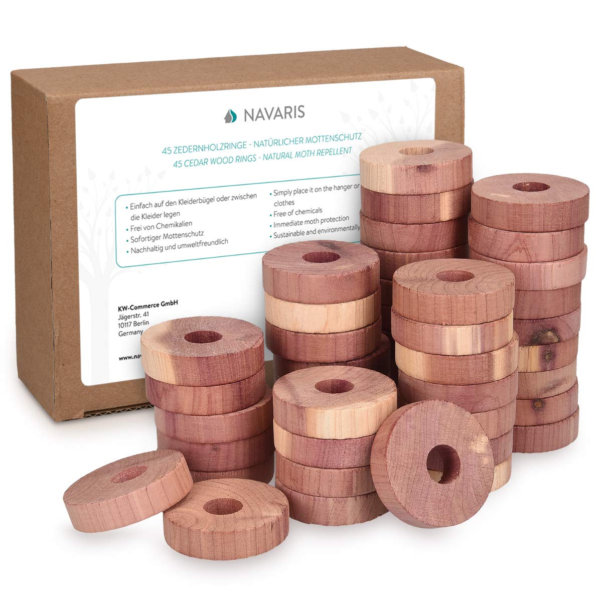 Navaris Cedar Wood Moth Repellent Hangers - Set of 45 Natural Cedarwood Anti Clothes Moth Rings - Pack of Wardrobe, Drawer, Storage Freshener Blocks