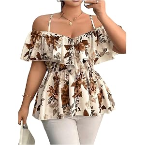 GORGLITTER Women's Plus Size Peplum Babydoll Top Dressy Boho Summer Floral Off Shoulder Short Sleeve Going Out Tops