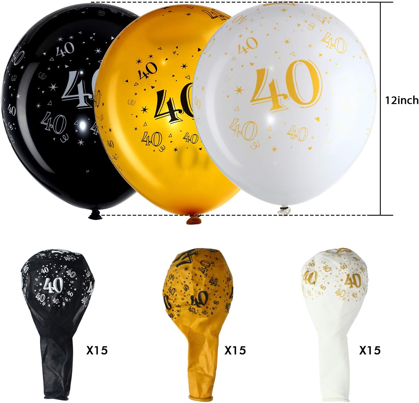 45 Piece 12 Inch 40th Birthday Party Latex Balloons Birthday Forty Anniversary Party Decoration White Gold Black Theme Party Balloon for Birthday Party Supplies Indoor Outdoor Decor - Image 3