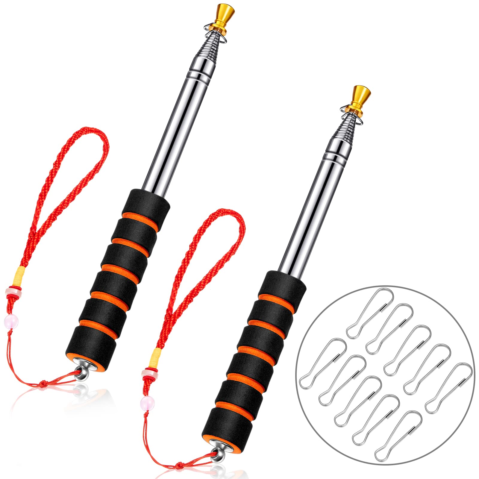 Outus 2 Pcs 6.5ft (200cm) Telescopic Flagpole Stainless Steel Handheld Flag Pole Extendable Portable Flag Pole and 10 Pieces Clip Hooks for Teacher Classroom Tour Guide Banner